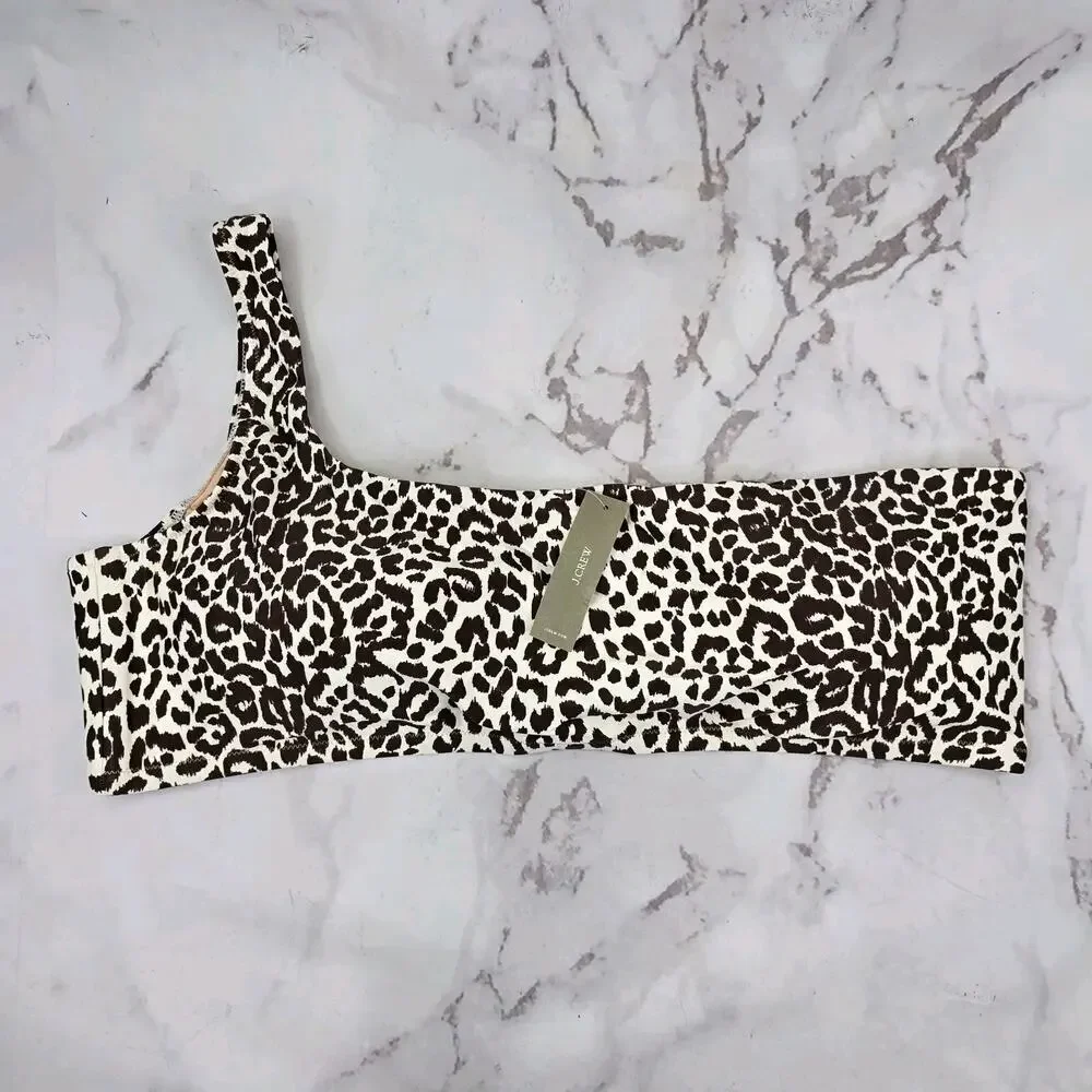 J Crew Swim Top 2X 3X Leopard One Shoulder Scoop Neck Bikini Padded BF203